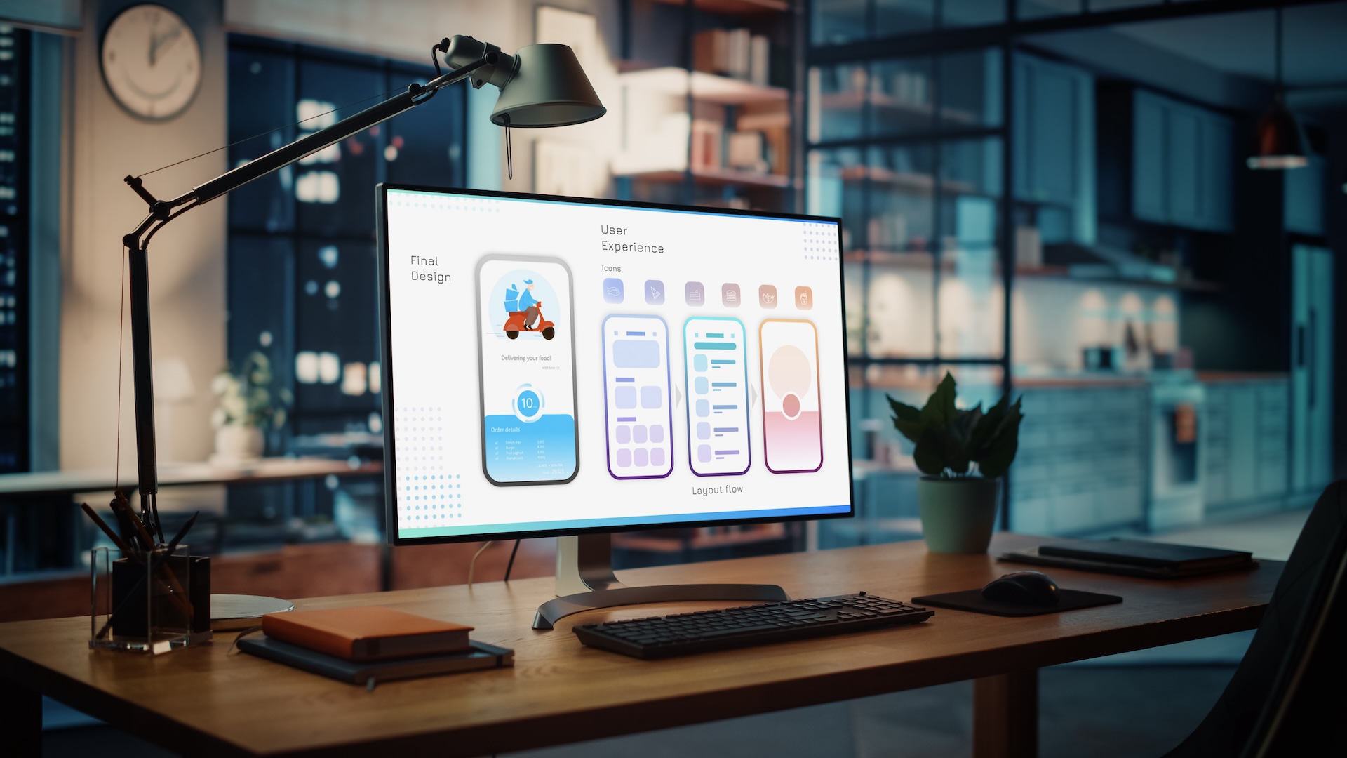 Computer depicting UI Layouts in modern office setting