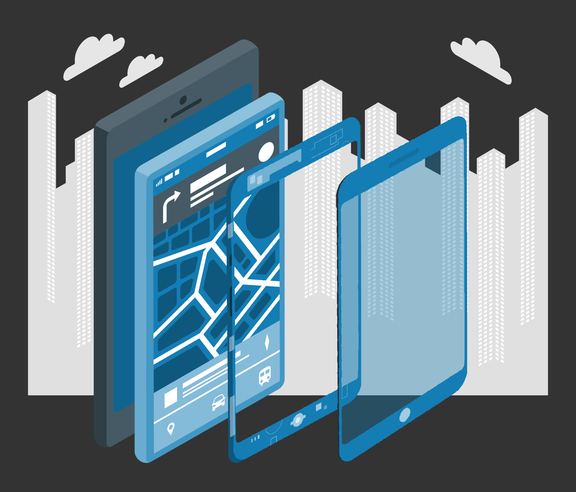 3D illustration of a phone pulled apart into seperate components against a city backdrop